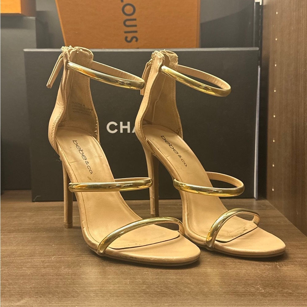 Bebe Gold Strappy Heels Soze 6